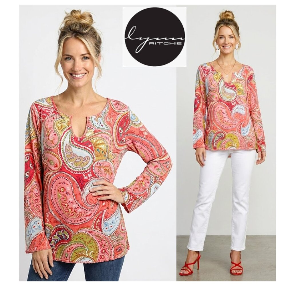 (3 for $30) LYNN RITCHIE - Colourful silk/bamboo pink paisley print top